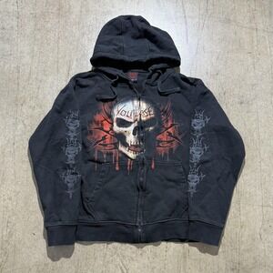 Spiral Hoodie Sweatshirt Mens XL Black Full Zip Fleece Skull Gothic Horror